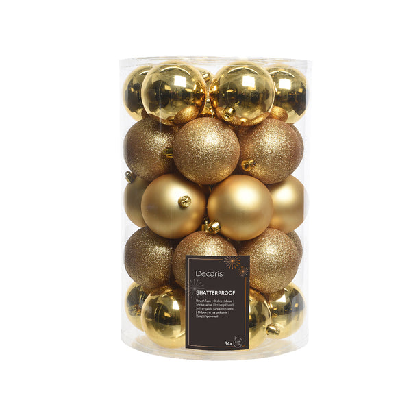 Christmas Gold Shatterproof Baubles | 8cm, Pack of 34, Mirror, Matte and Glitter