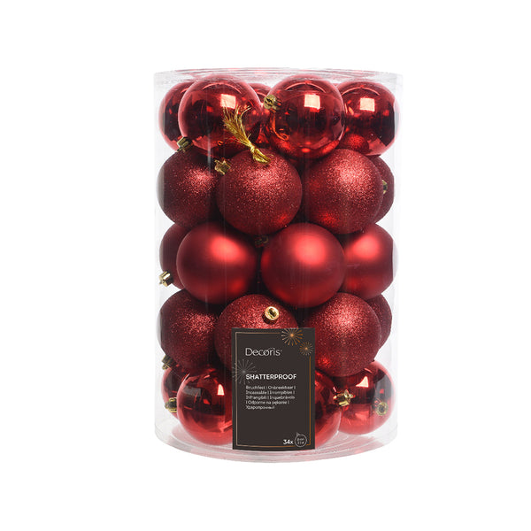 Christmas Shatterproof Red Baubles | 8 cm, Pack of 34, Gloss, Matte & Glitter