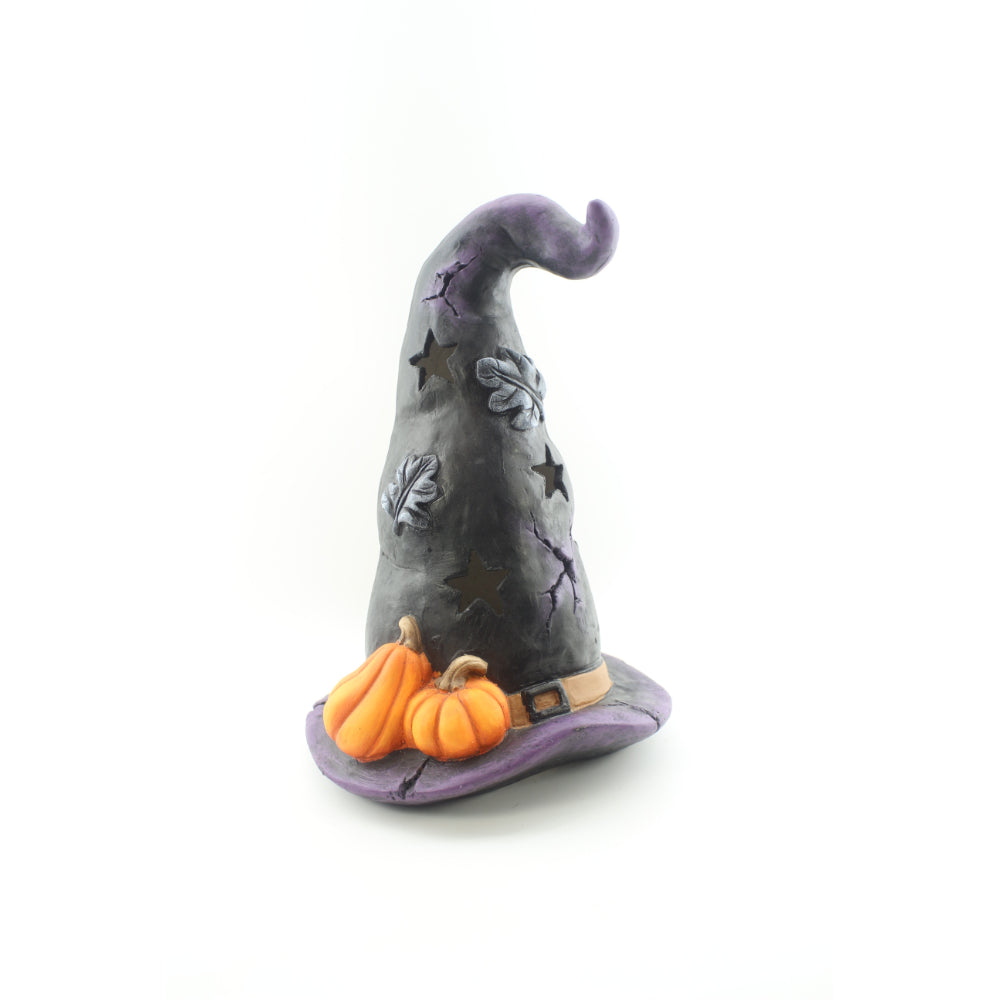 LED Witch's Hat Halloween Ornament with Pumpkins - Purple and Grey, 39cm