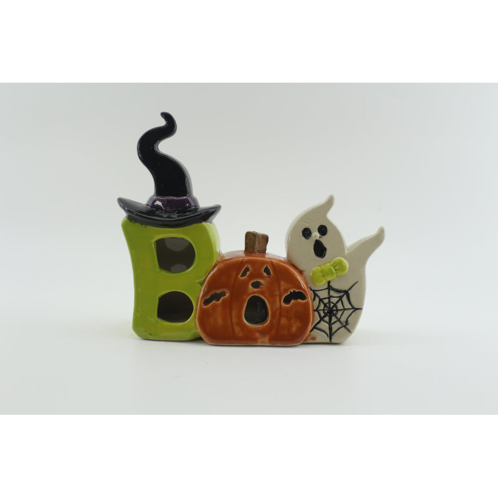 Glazed Ceramic LED BOO Halloween Ornament - Multicoloured, 17cm