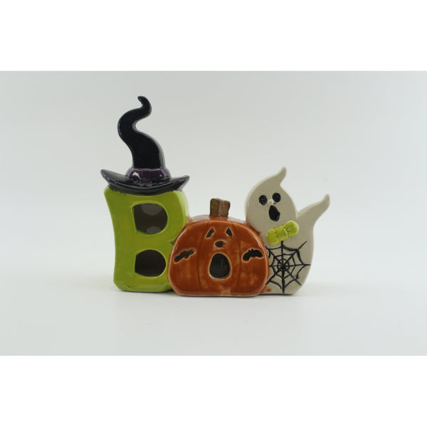 Glazed Ceramic LED BOO Halloween Ornament - Multicoloured, 17cm