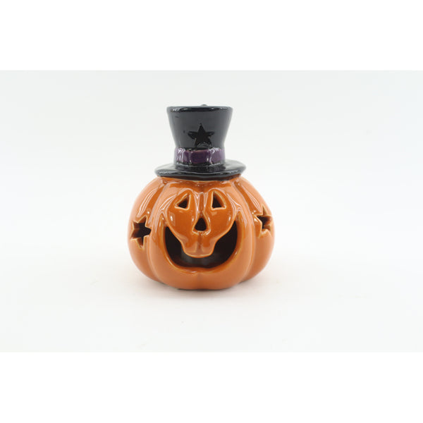 LED Halloween Pumpkin Ornament - 11.5cm, Orange with Black Top Hat