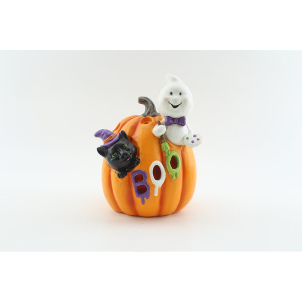 LED Boo Pumpkin Halloween Ornament - Ghost Artist and Black Cat, 20.5cm