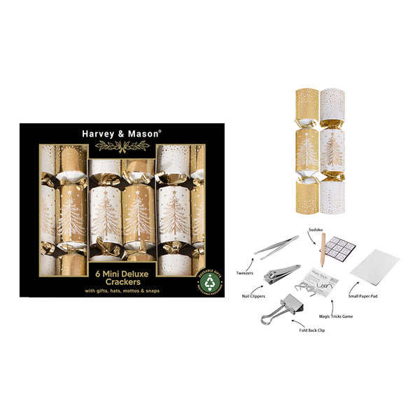 Christmas Mini Gold Christmas Crackers | Pack of 6, with Party Hats and Mottos