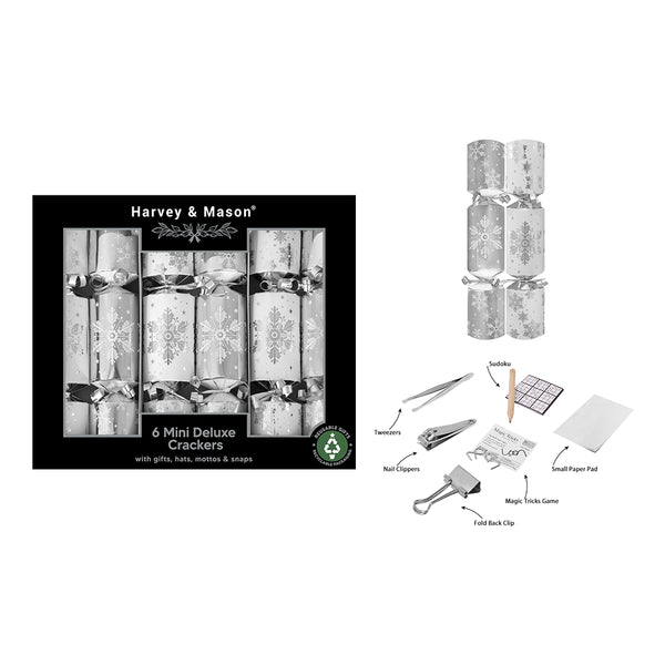Christmas 6 Mini Silver Crackers | Snowflake Motif, Assorted Designs