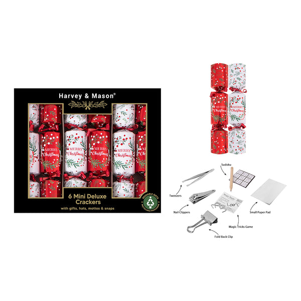 Christmas Pack of 6 Red Mini Crackers | Gift Box, Hats, Mottos and Snaps