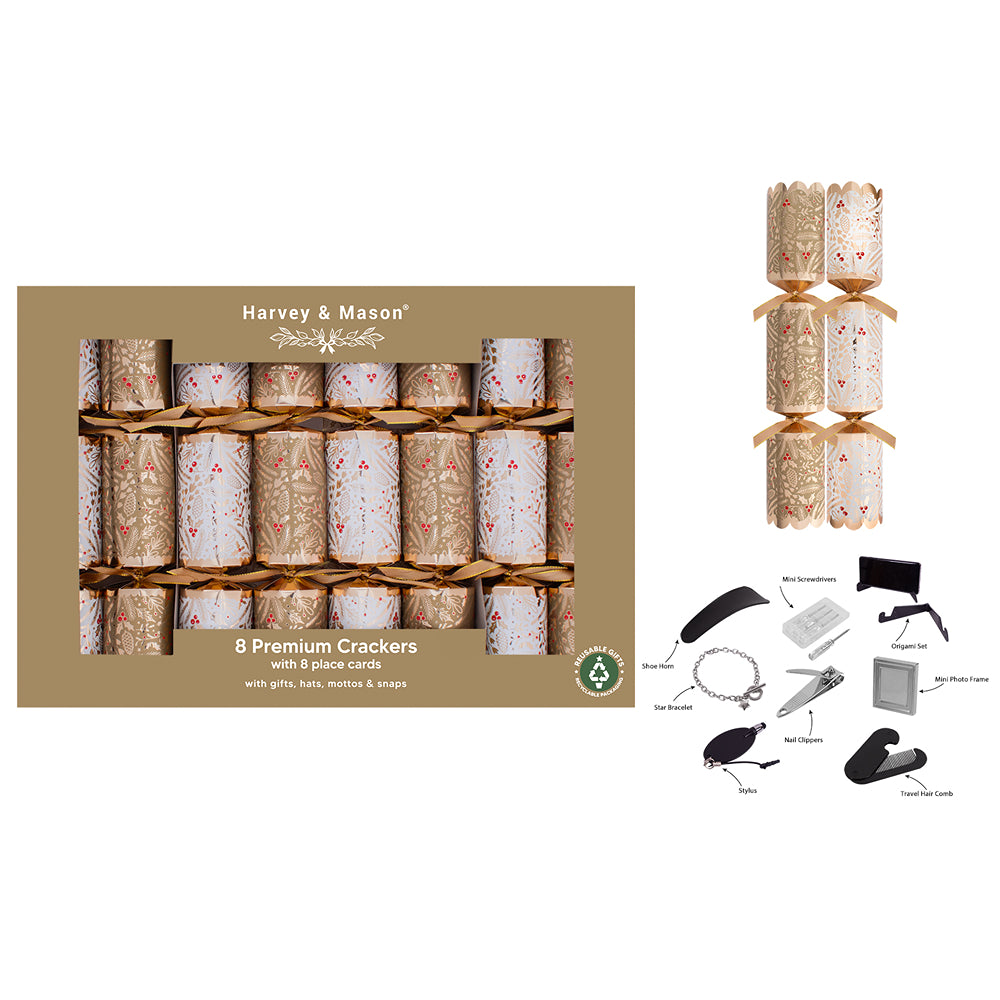 Christmas Premium Assorted Crackers | Pack of 8, Gold and Ivory, Hats and Gifts