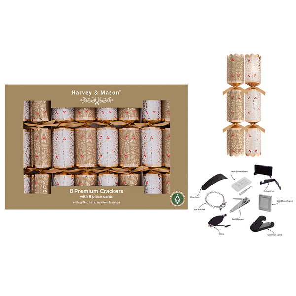 Christmas Premium Assorted Crackers | Pack of 8, Gold and Ivory, Hats and Gifts