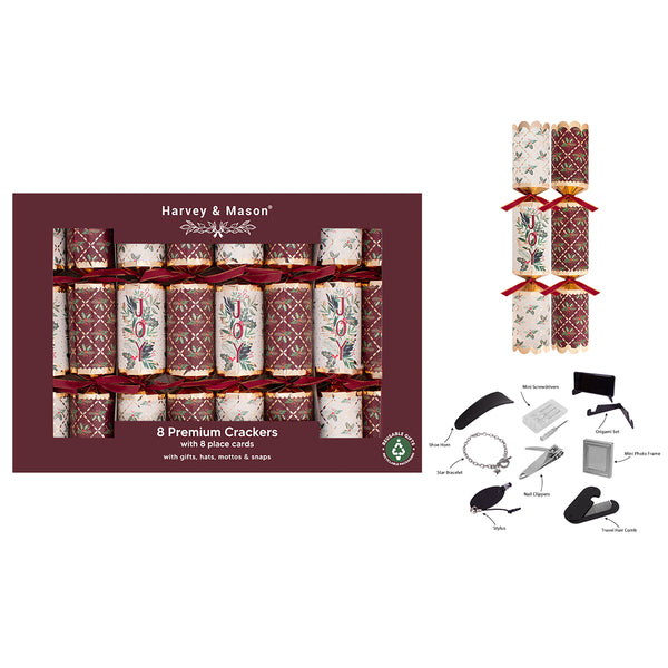 Christmas Premium Burgundy Crackers | Pack of 8, Place Cards, Assorted Designs