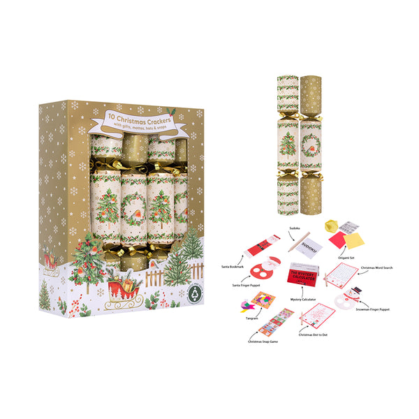 Christmas Robin & Wreath Family Crackers | Pack of 10, Hats, Snaps, with Gifts