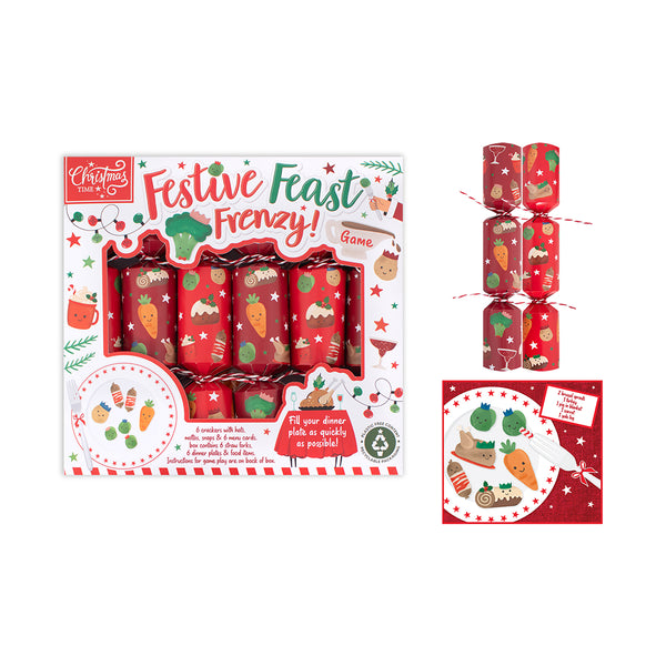 Christmas Festive Feast Games Crackers | Pack of 6, Hats Included, Plastic-Free