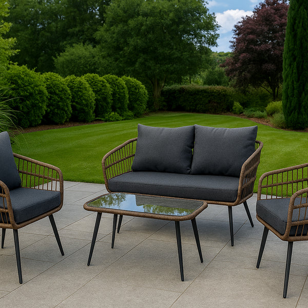 Bronte 4 Seater Natural Wicker Dark Grey Sofa Set | 4 Piece