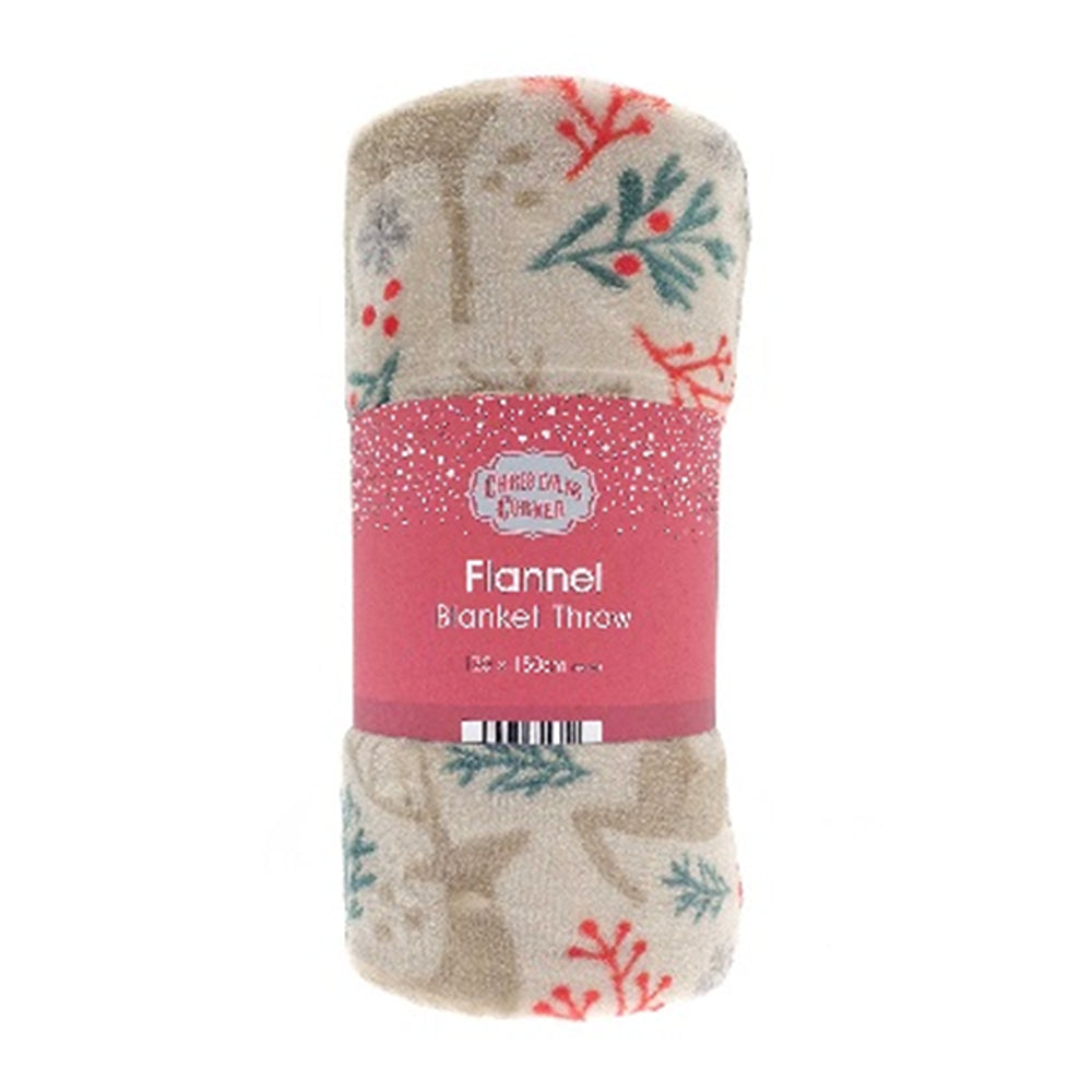 Christmas Printed Flannel Throw Blanket Festive Reindeer | 120 x 150cm