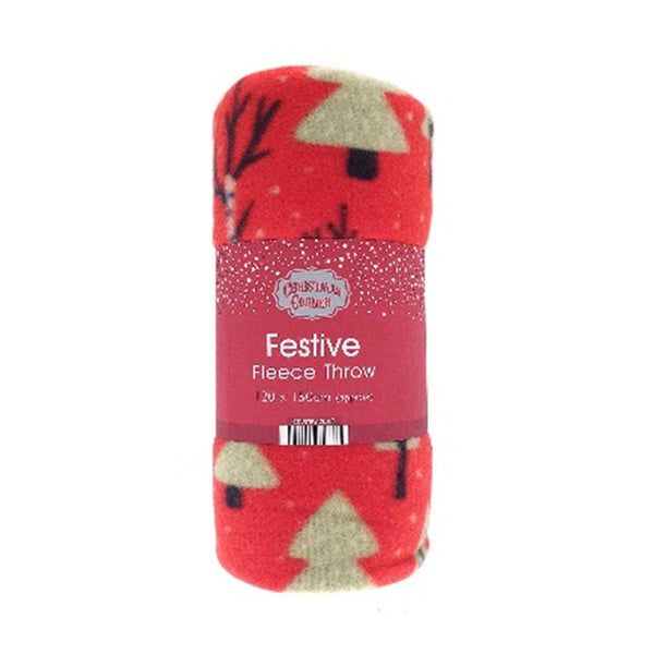 Christmas Festive Red Fleece Throw with Christmas Trees | 120 x 150cm