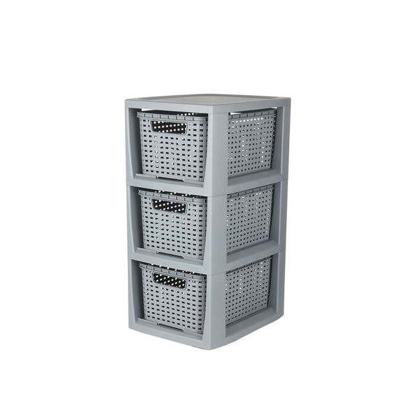 3-Drawer Rattan Style Storage Tower | Grey