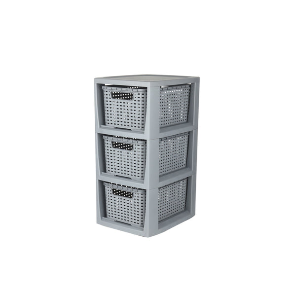 Home Solutions Rattan Style 3-Drawer Storage Tower | Grey, Basket Drawers