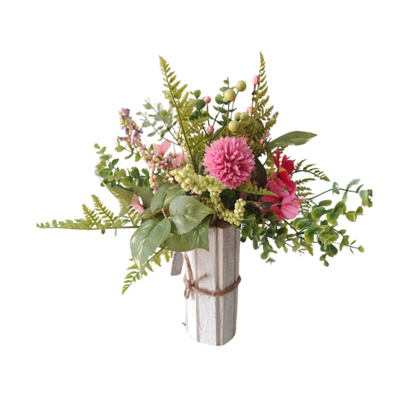 Pink Faux Flower Bouquet Arrangement | Whitewashed Wood Base, Rope Tie