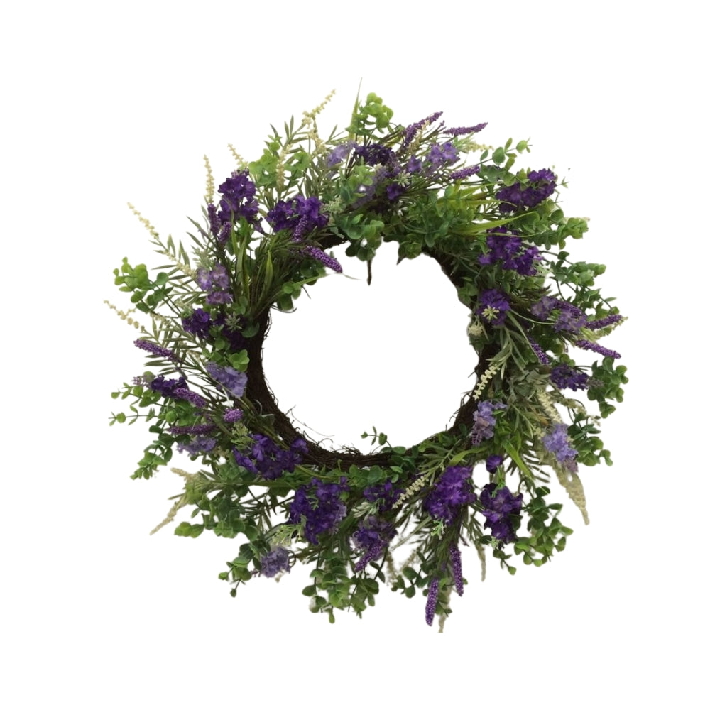Artificial Lavender Floral Wreath | 60cm, Purple and Cream, Twig Base