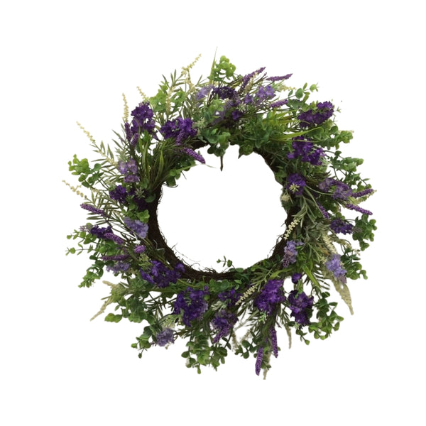 Artificial Lavender Floral Wreath | 60cm, Purple and Cream, Twig Base