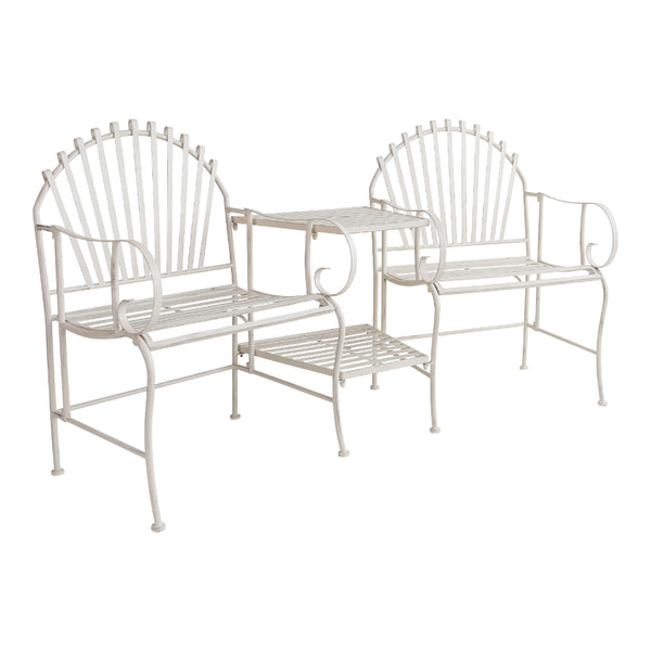 Solace Antique White Companion Garden Love Seat with Table | Fan Back