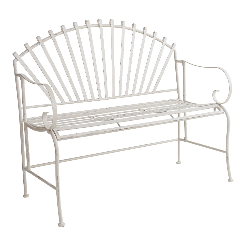 Solace Antique White Fan-Back Metal Garden Bench | Two-Person Seat