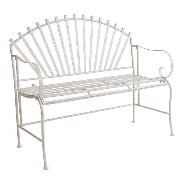 Solace Antique White Fan-Back Metal Garden Bench | Two-Person Seat