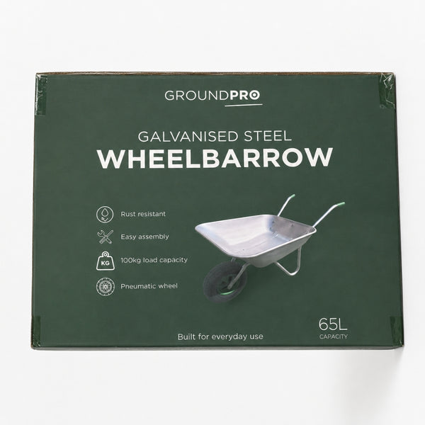 Galvanised Steel Garden Wheelbarrow | 65L, 100kg, Pneumatic Wheel