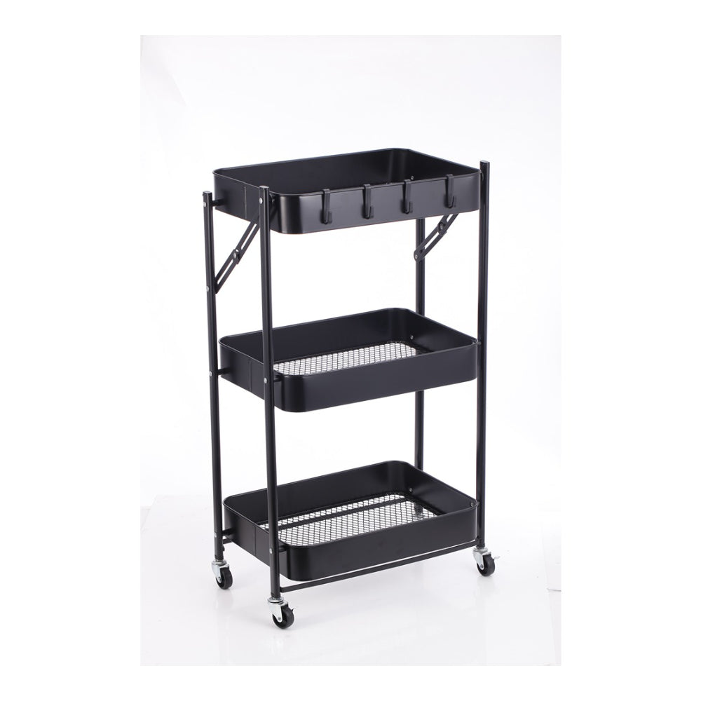 StoreUp 3 Tier Foldable Rolling Cart - Black with Hooks Mesh Shelves
