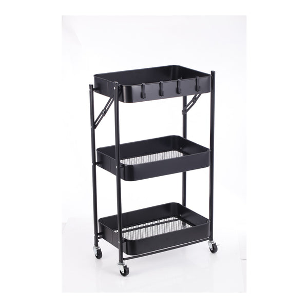 StoreUp 3 Tier Foldable Rolling Storage Cart | Black, with Hooks, Mesh Shelves