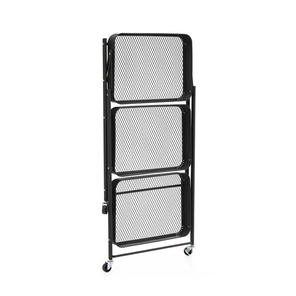 StoreUp 3 Tier Foldable Rolling Storage Cart | Black, with Hooks, Mesh Shelves