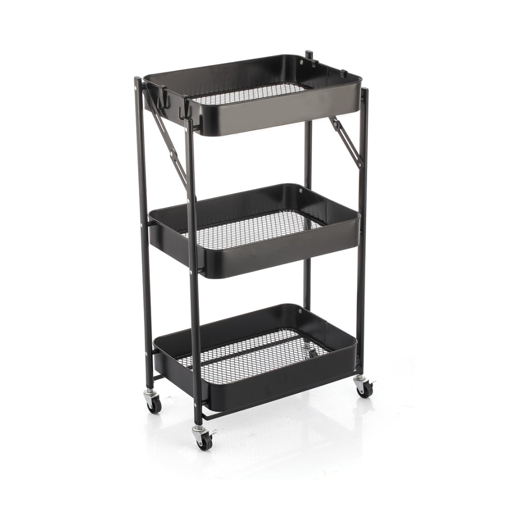 StoreUp 3 Tier Foldable Rolling Cart - Black with Hooks Mesh Shelves