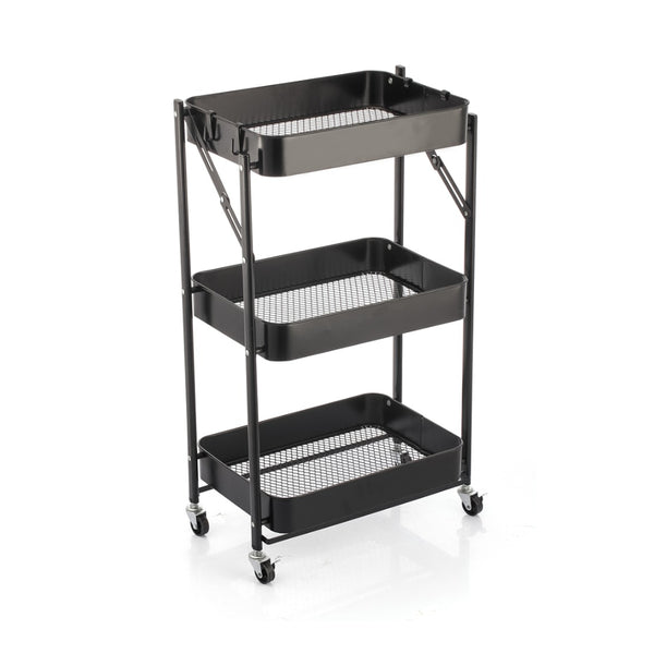 StoreUp 3 Tier Foldable Rolling Cart - Black with Hooks Mesh Shelves