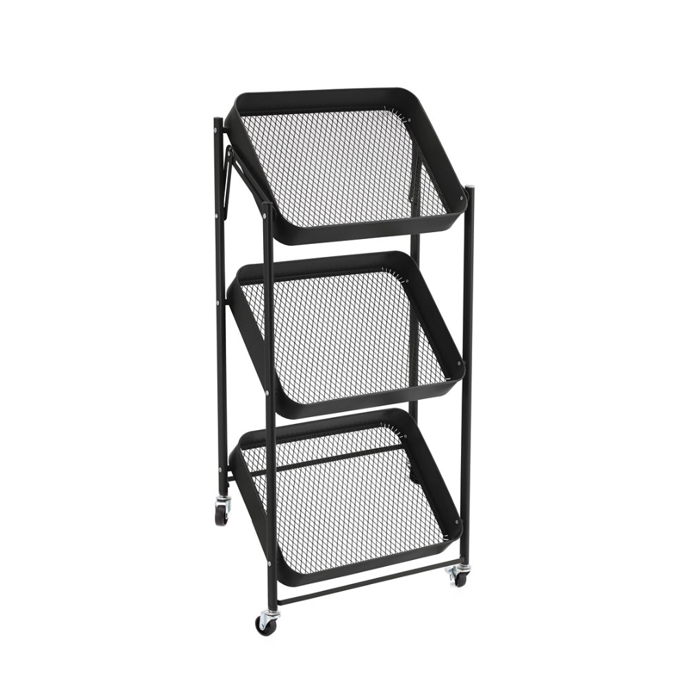 StoreUp 3 Tier Foldable Rolling Cart - Black with Hooks Mesh Shelves