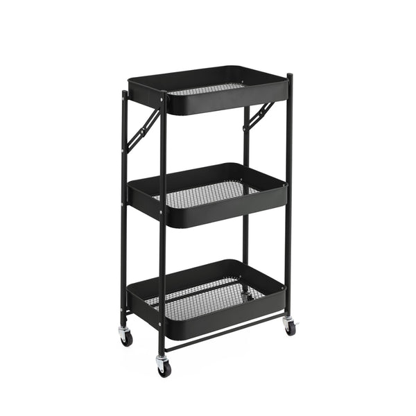 StoreUp 3 Tier Foldable Rolling Cart - Black with Hooks Mesh Shelves