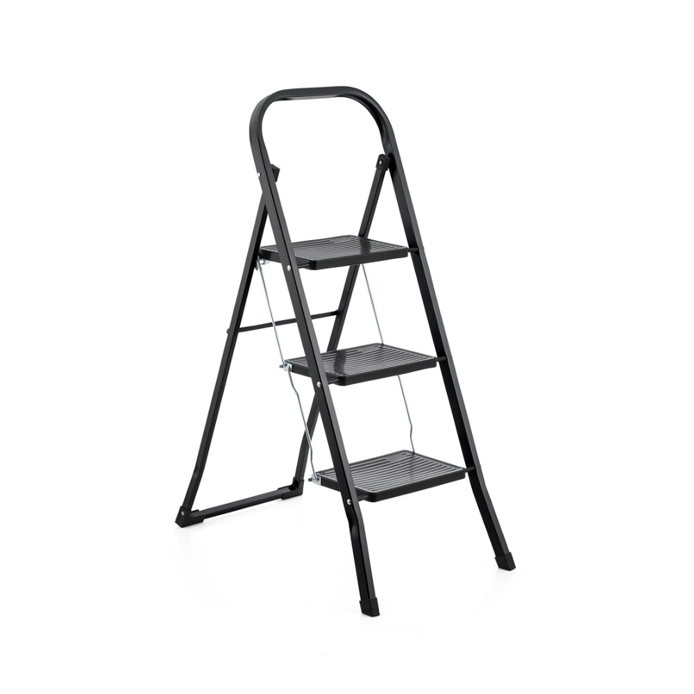 Struxa 3 Step Folding Ladder | Black, Wide Ribbed Steps, Top Handle