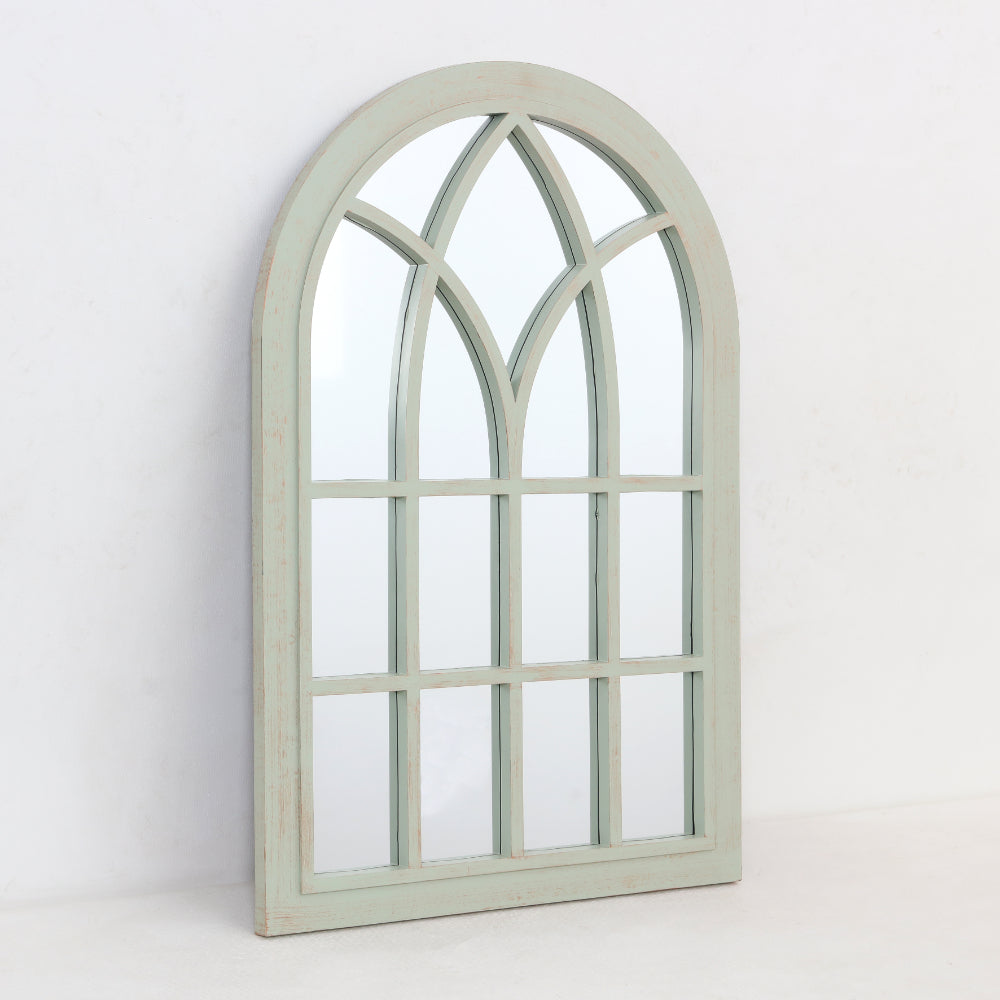 Sage Green Arched Windowpane Wall Mirror | Distressed Frame, 60 x 90cm