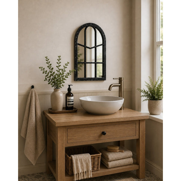 Arched Windowpane Wall Mirror Outdoor/Indoor - Black Frame H36x51cm