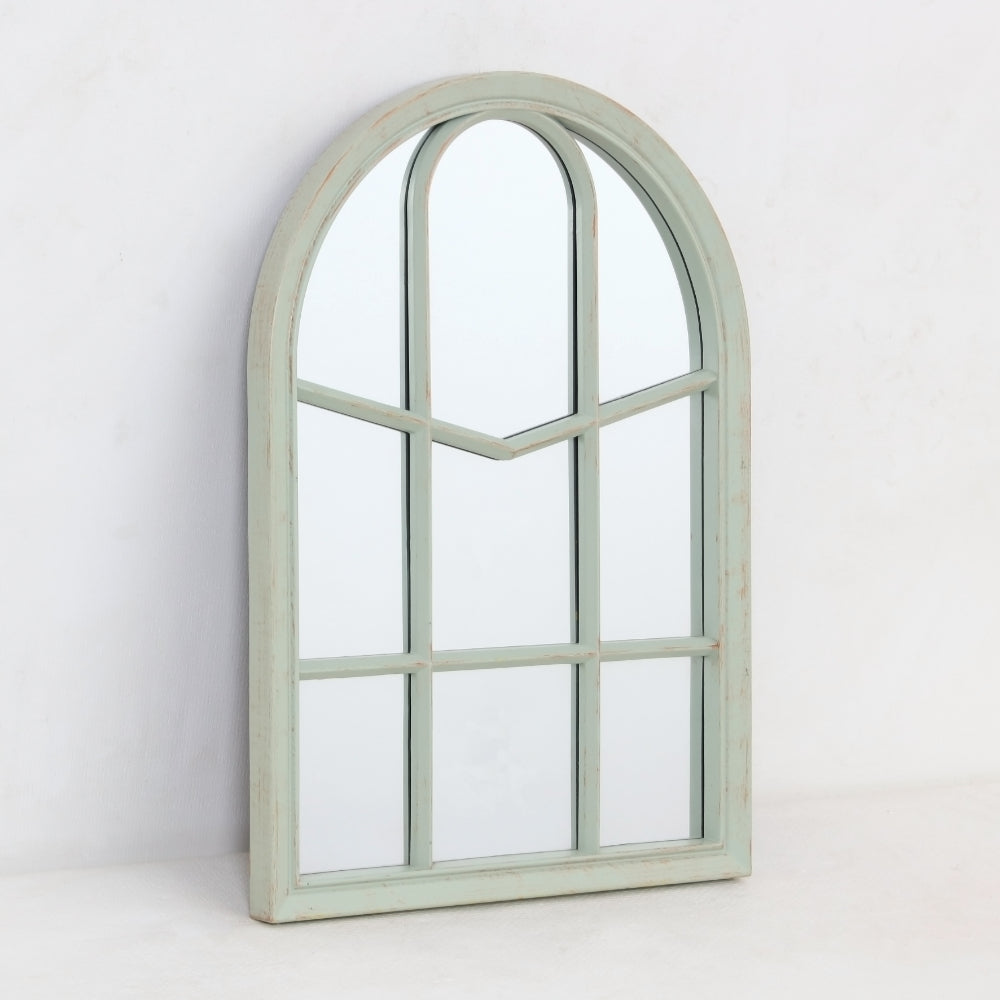 Arched Sage Green Window-Style Wall Mirror | Distressed, 36 x 51cm