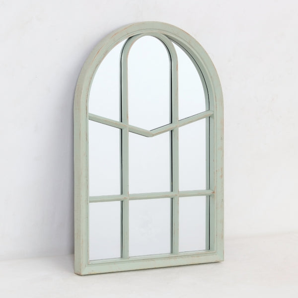 Arched Sage Green Window-Style Wall Mirror | Distressed, 36 x 51cm