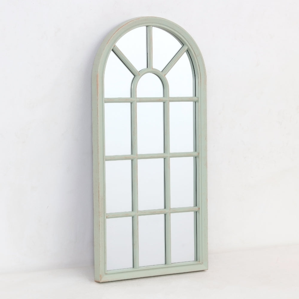 Arched Windowpane Wall Mirror | Distressed Pale Mint Green, 35 x 70cm