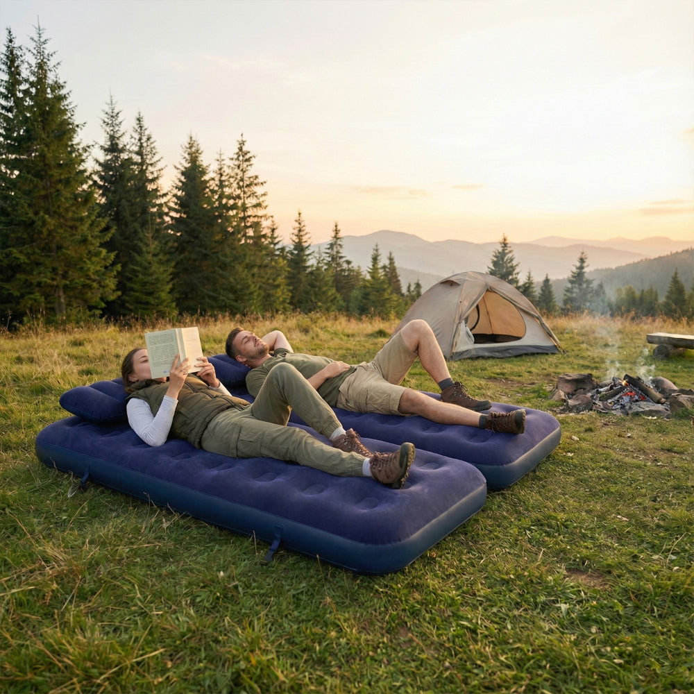 Navy Blue Flocked Air Mattress with Built-In Pillow | Double Width