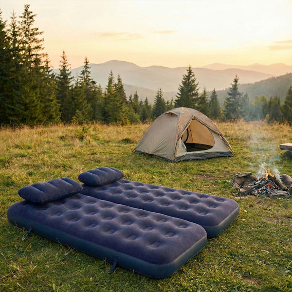 Navy Blue Flocked Air Mattress with Built-In Pillow | Double Width