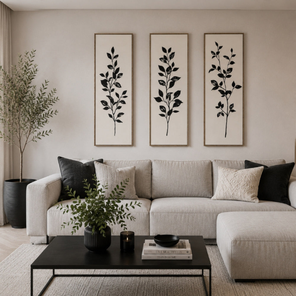 Tall Black Leaf Canvas Wall Art - Set of 3 - 90 x 30cm