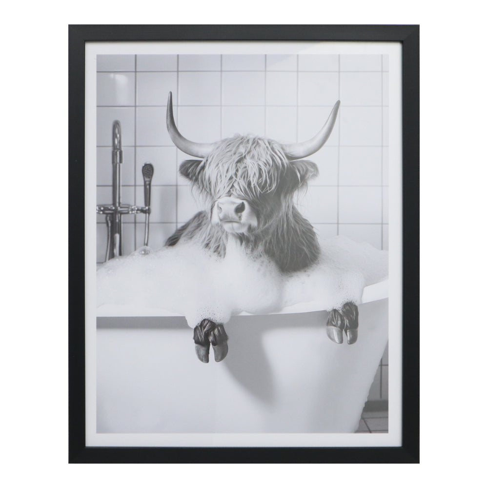 Highland Cow Bathtub Framed Wall Art | Monochrome, Black Frame, 40 x 50