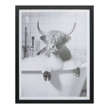 Highland Cow Bathtub Framed Wall Art | Monochrome, Black Frame, 40 x 50