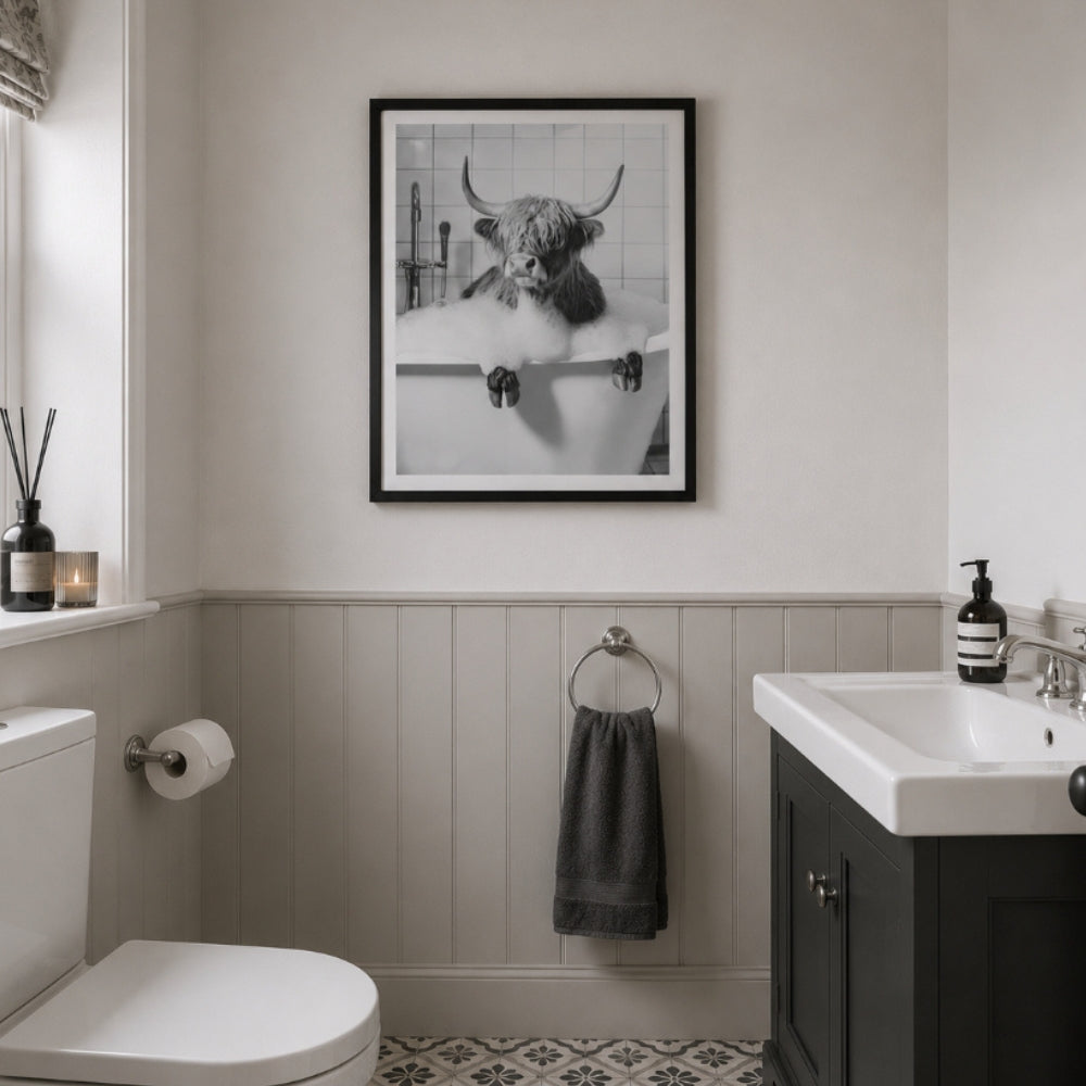 Highland Cow Bathtub Wall Art - Monochrome - 40 x 50cm