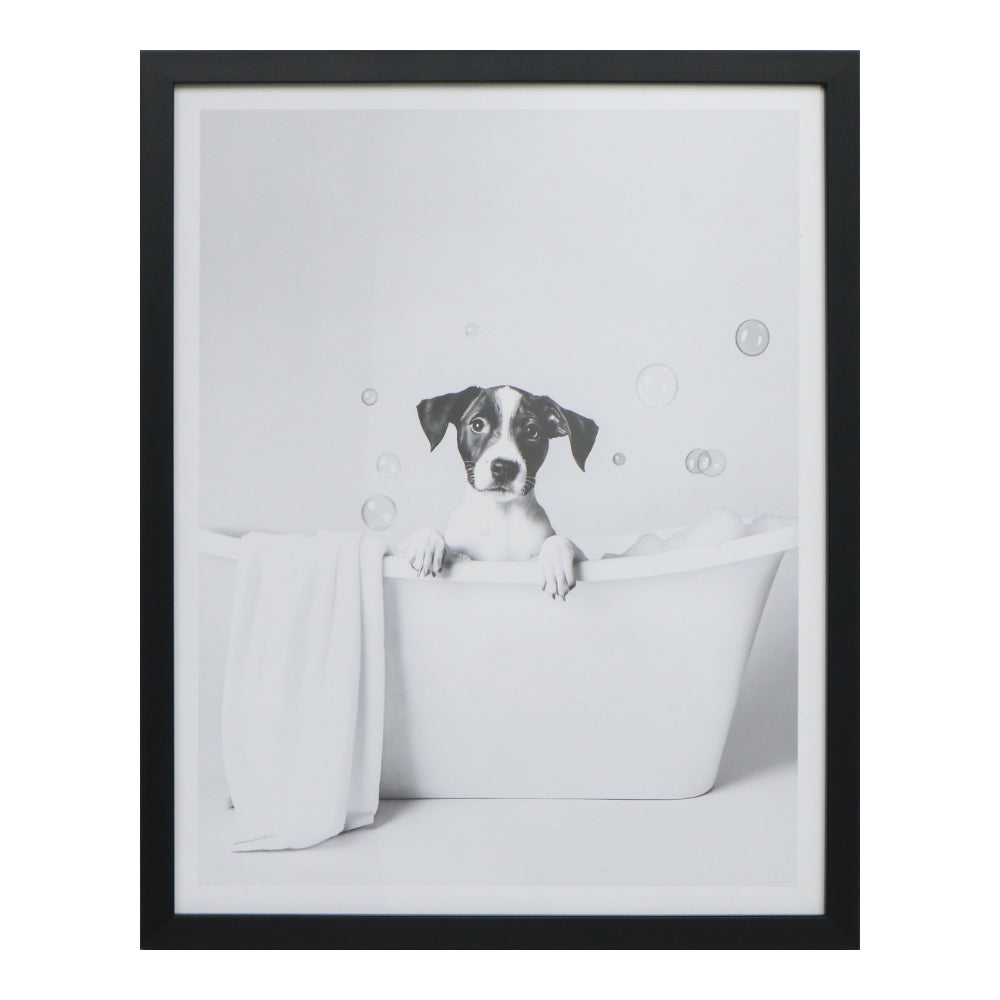 Puppy Bathtub Framed Bathroom Wall Art | Black and White, 40 x 50cm