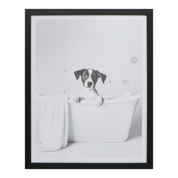 Puppy Bathtub Framed Bathroom Wall Art | Black and White, 40 x 50cm