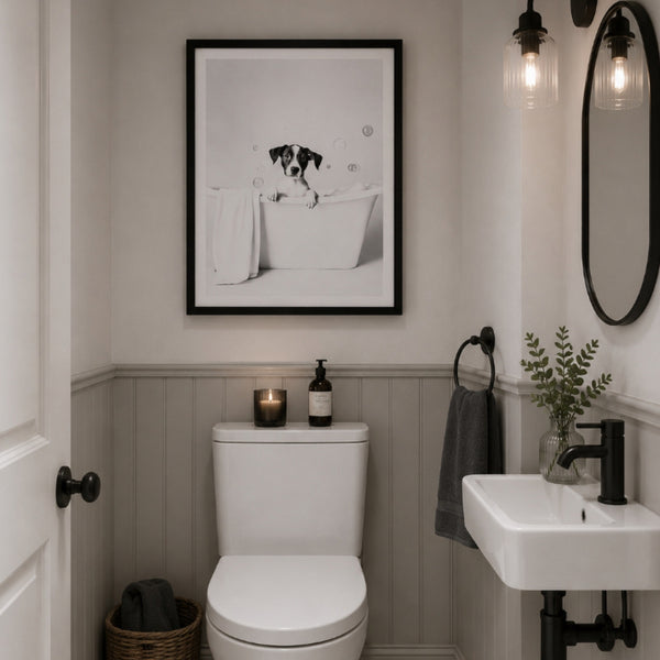 Puppy Bathtub Bathroom Wall Art - Black and White - 40 x 50cm