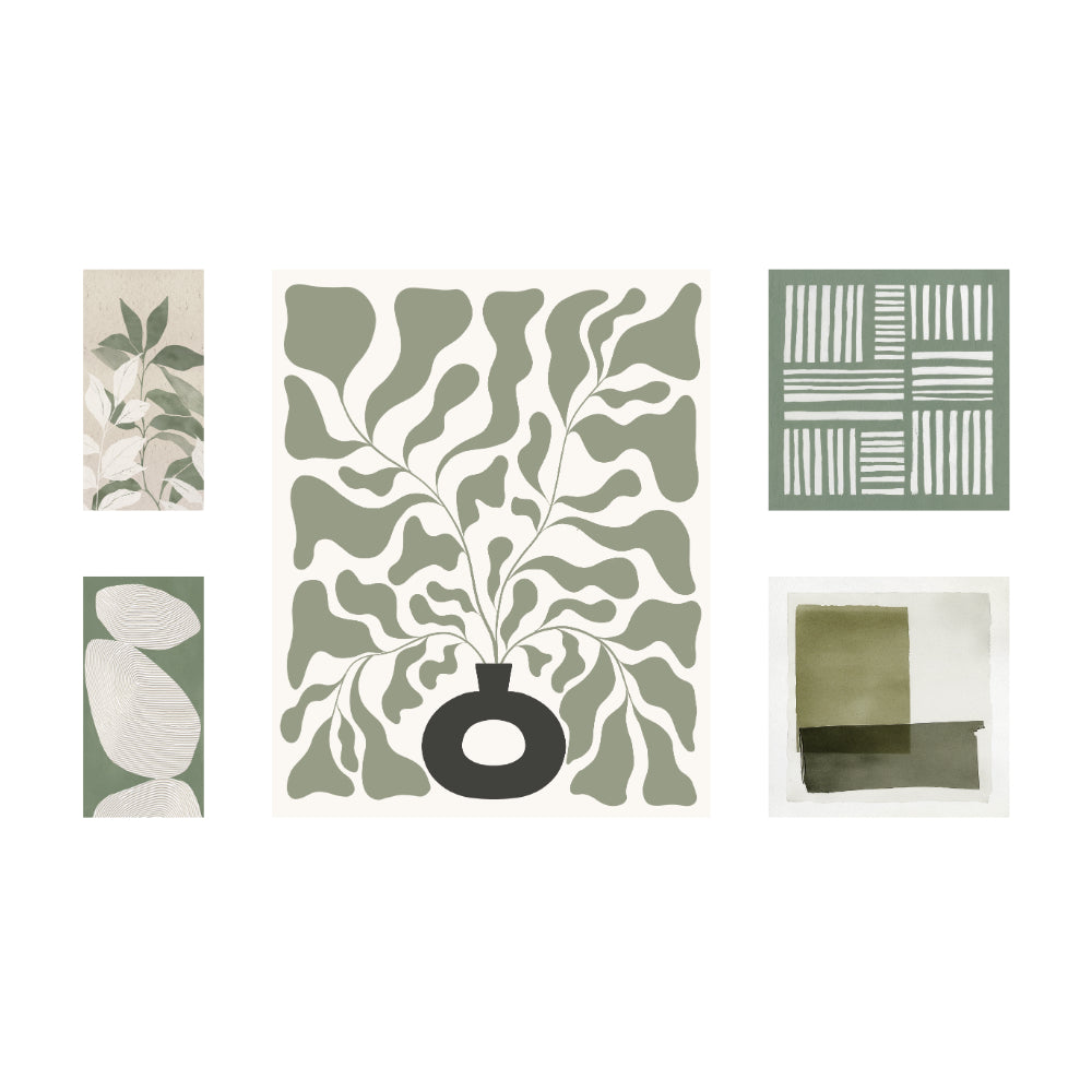 Sage Green Assorted Botanical Abstract Canvas Wall Art | Set of 5